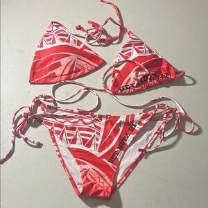 Red/White Get Nutz Tribal Bikini Set bottom M and Top 2XL **Top Not Connected**